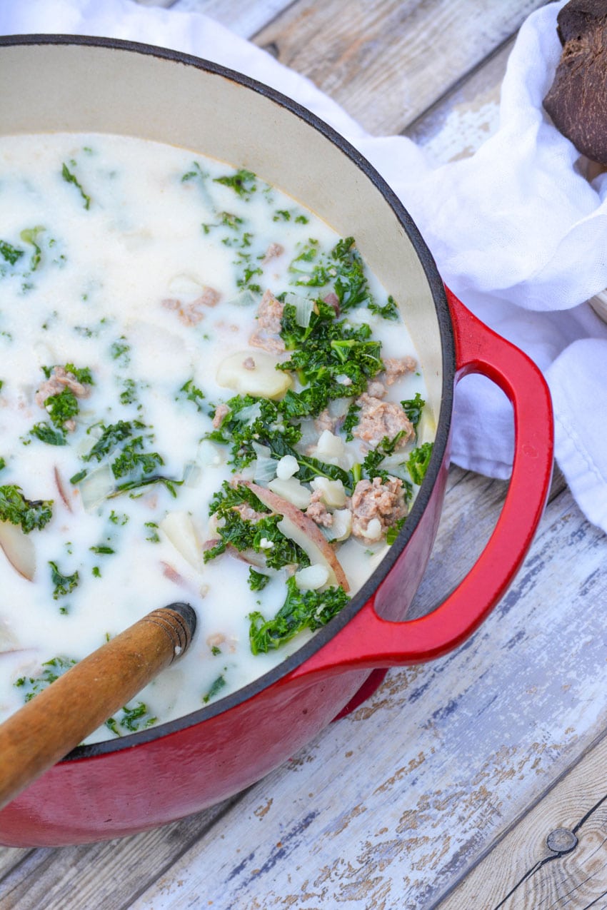 olive garden recipe for copycat zuppa toscana in a red dutch oven