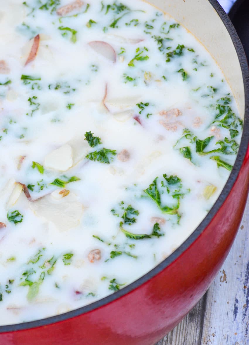 olive garden recipe for copycat zuppa toscana in a red dutch oven