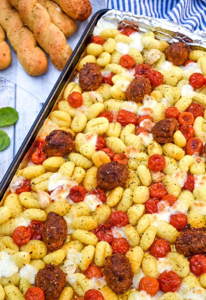 sheet pan gnocchi bake with meatballs