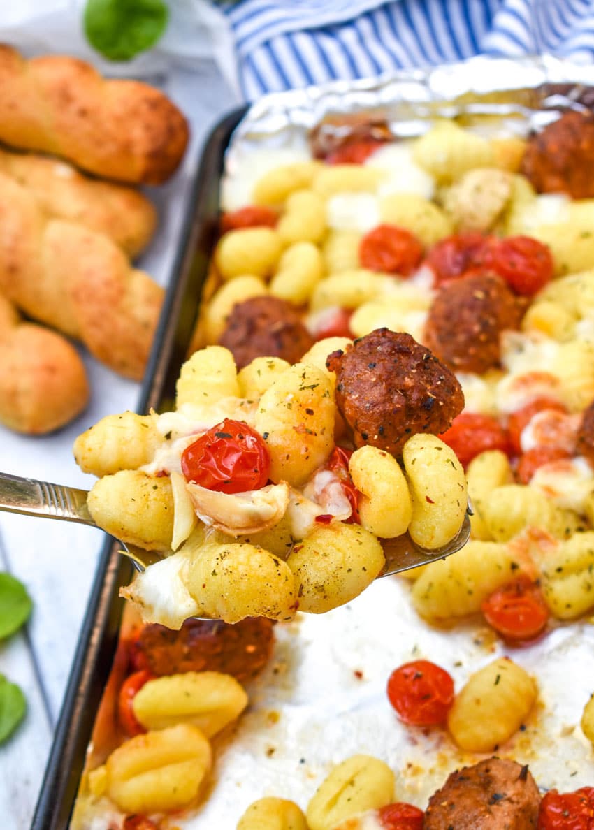 Sheet Pan Gnocchi Bake With Meatballs - The Quicker Kitchen