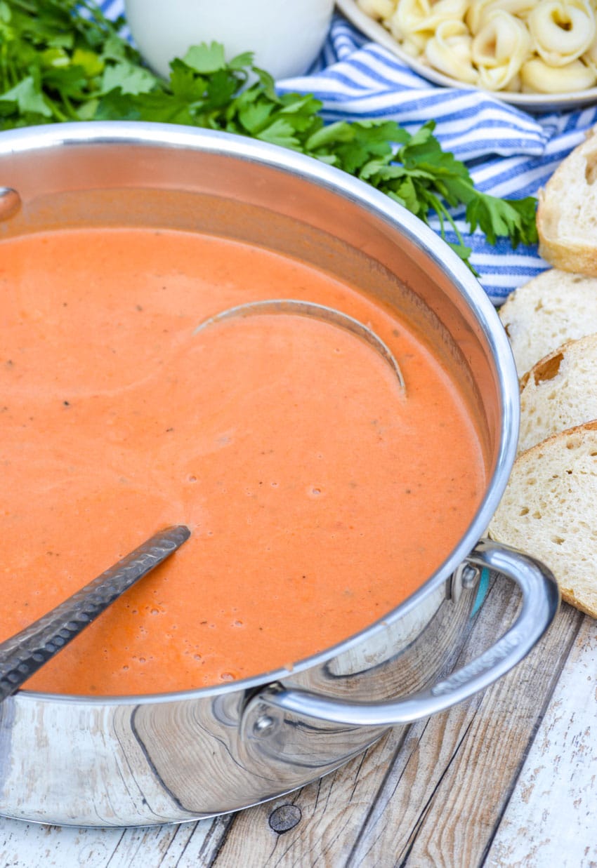 a silver ladle in a pot of three ingredient creamy tomato soup