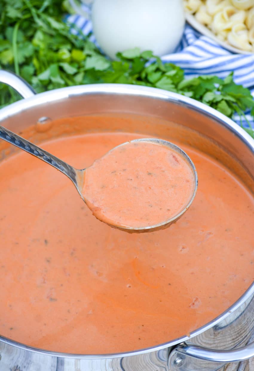 a silver ladle holding up a scoop of quick and easy tomato soup above a silver soup dish