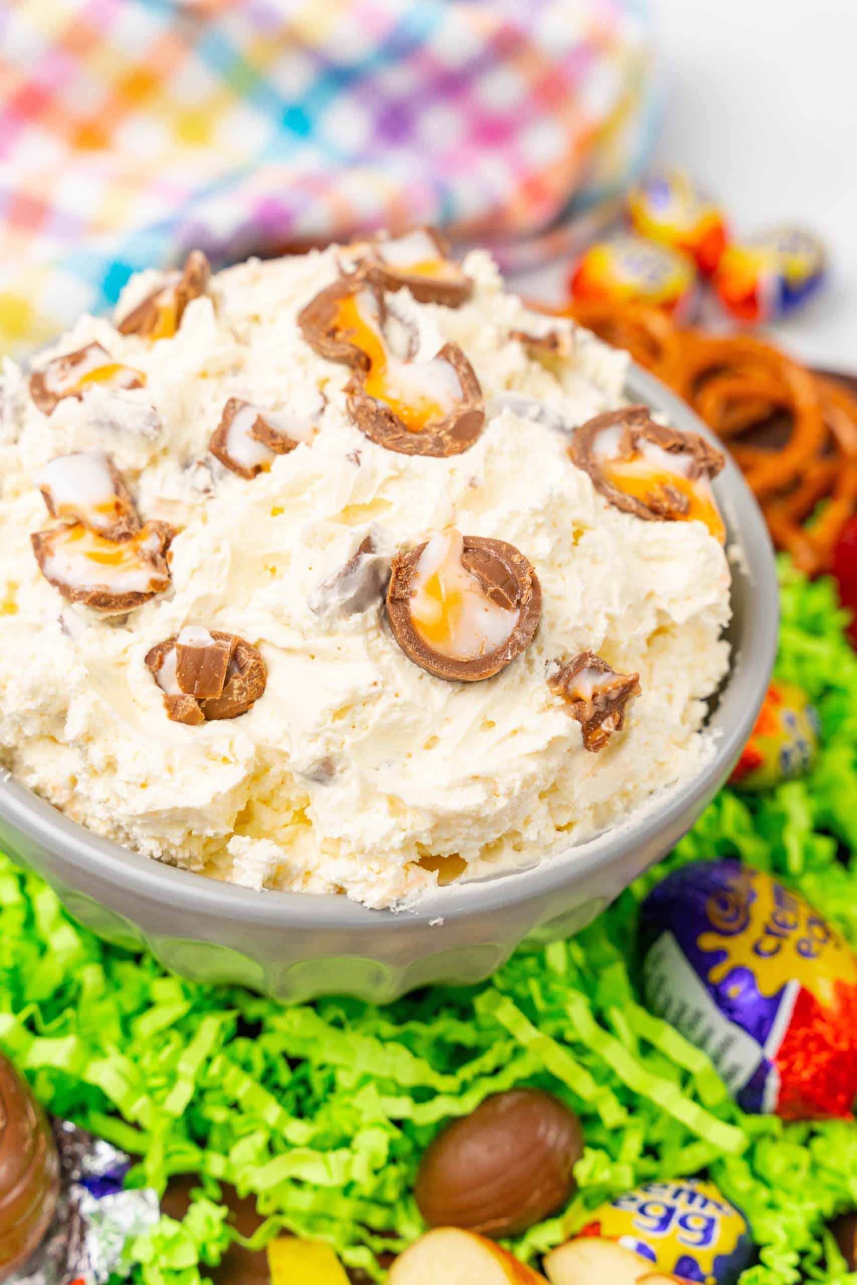 cadbury creme egg dip in a gray bowl
