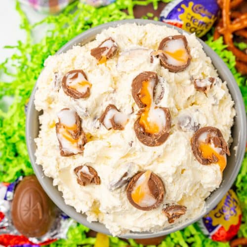 cadbury creme egg dip in a gray bowl
