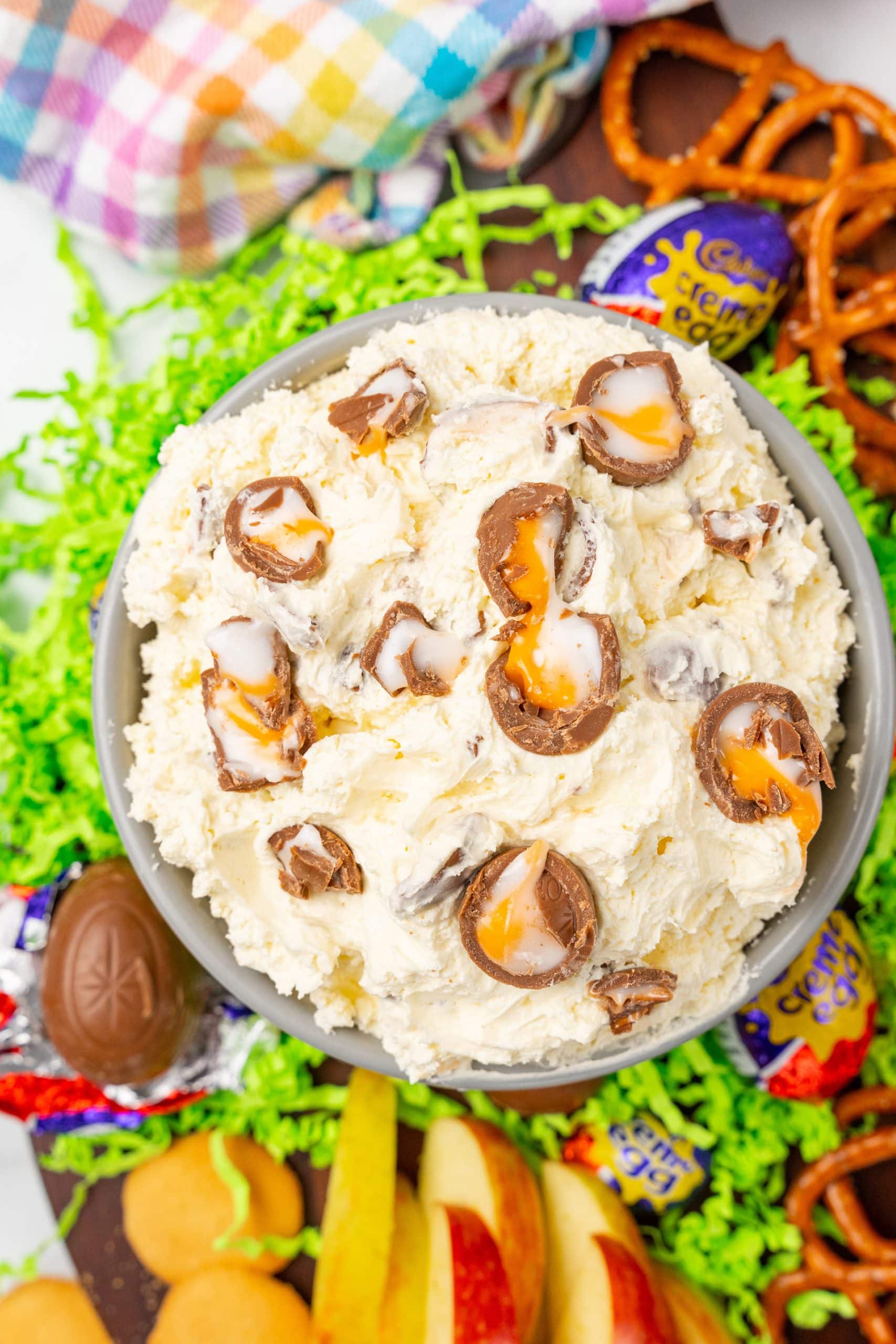 cadbury creme egg dip in a gray bowl