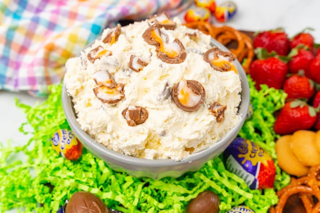 cadbury creme egg dip in a gray bowl