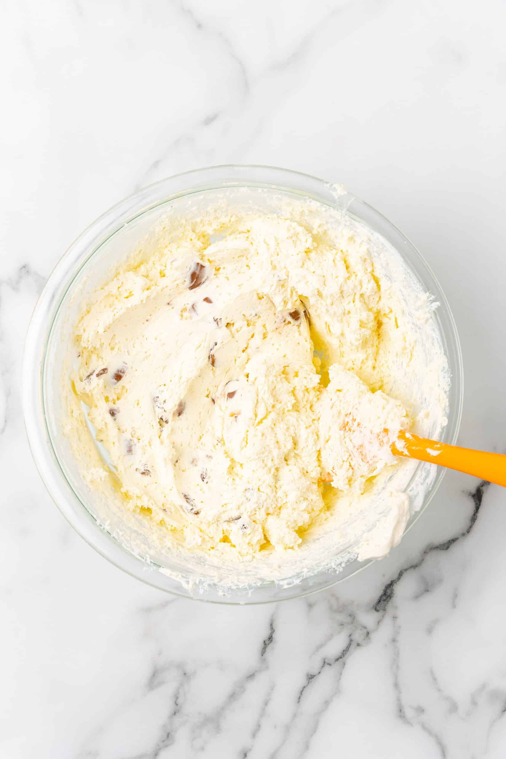 cadbury creme egg dip in a glass mixing bowl