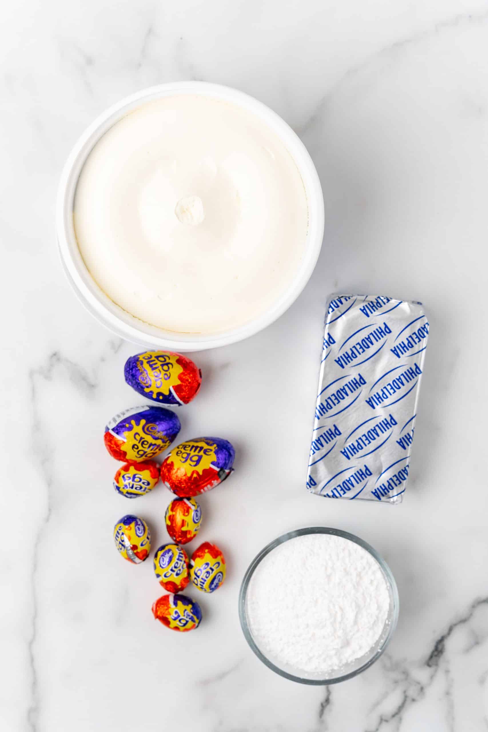 overhead image showing the measured ingredients needed to make a batch of easter dip