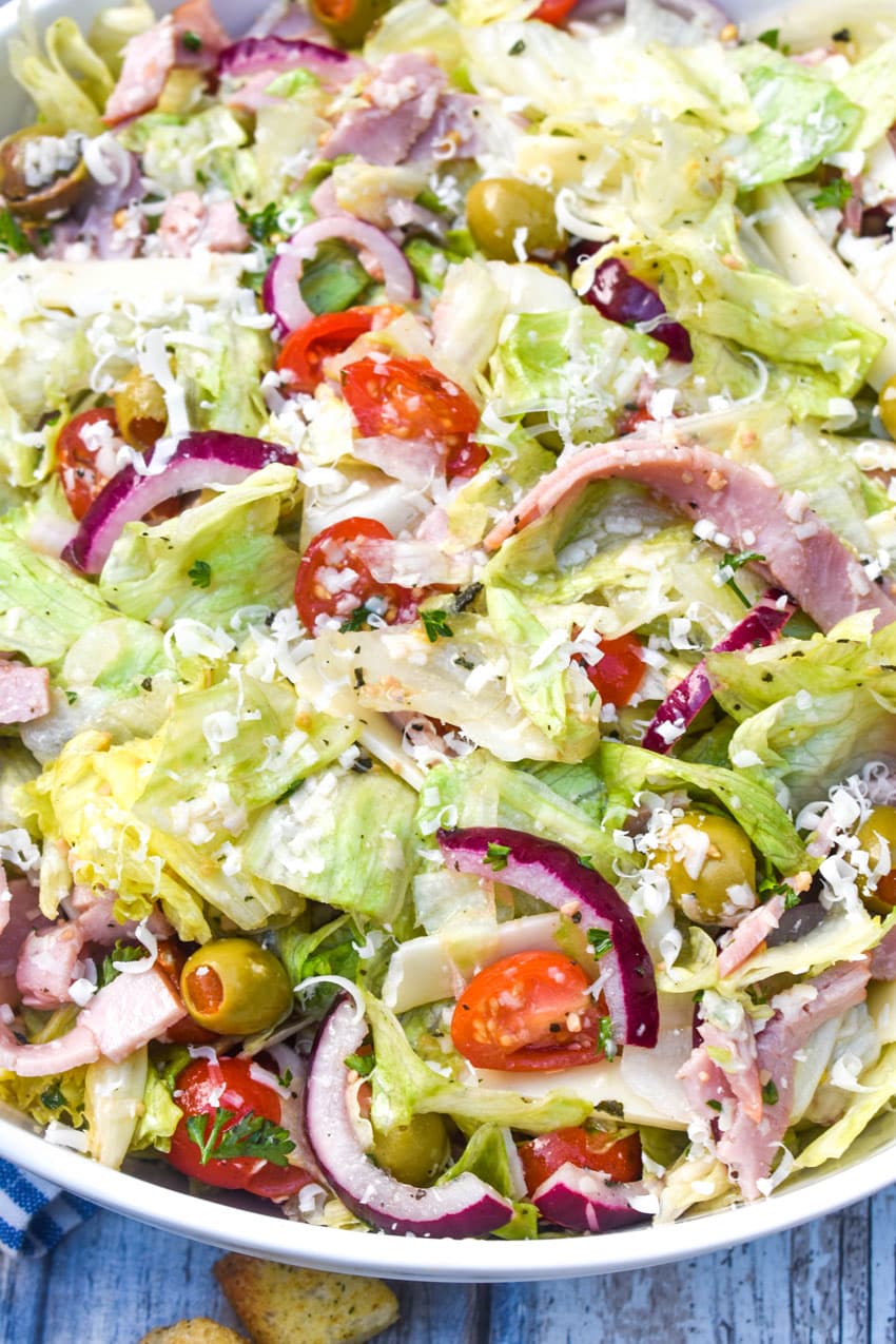 copycat columbia house salad in a white serving bowl