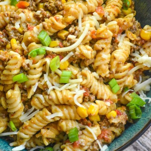 Instant Pot taco pasta in a blue bowl