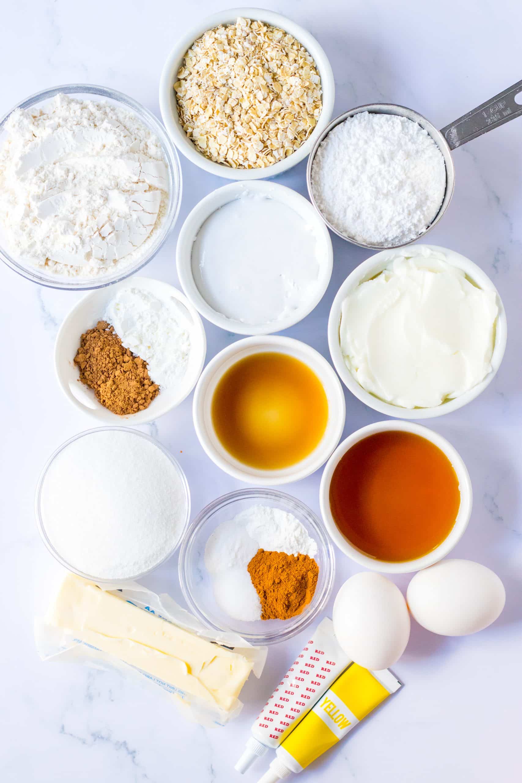an overhead image showing the measured ingredients needed to make a batch of homemade oatmeal cream pies