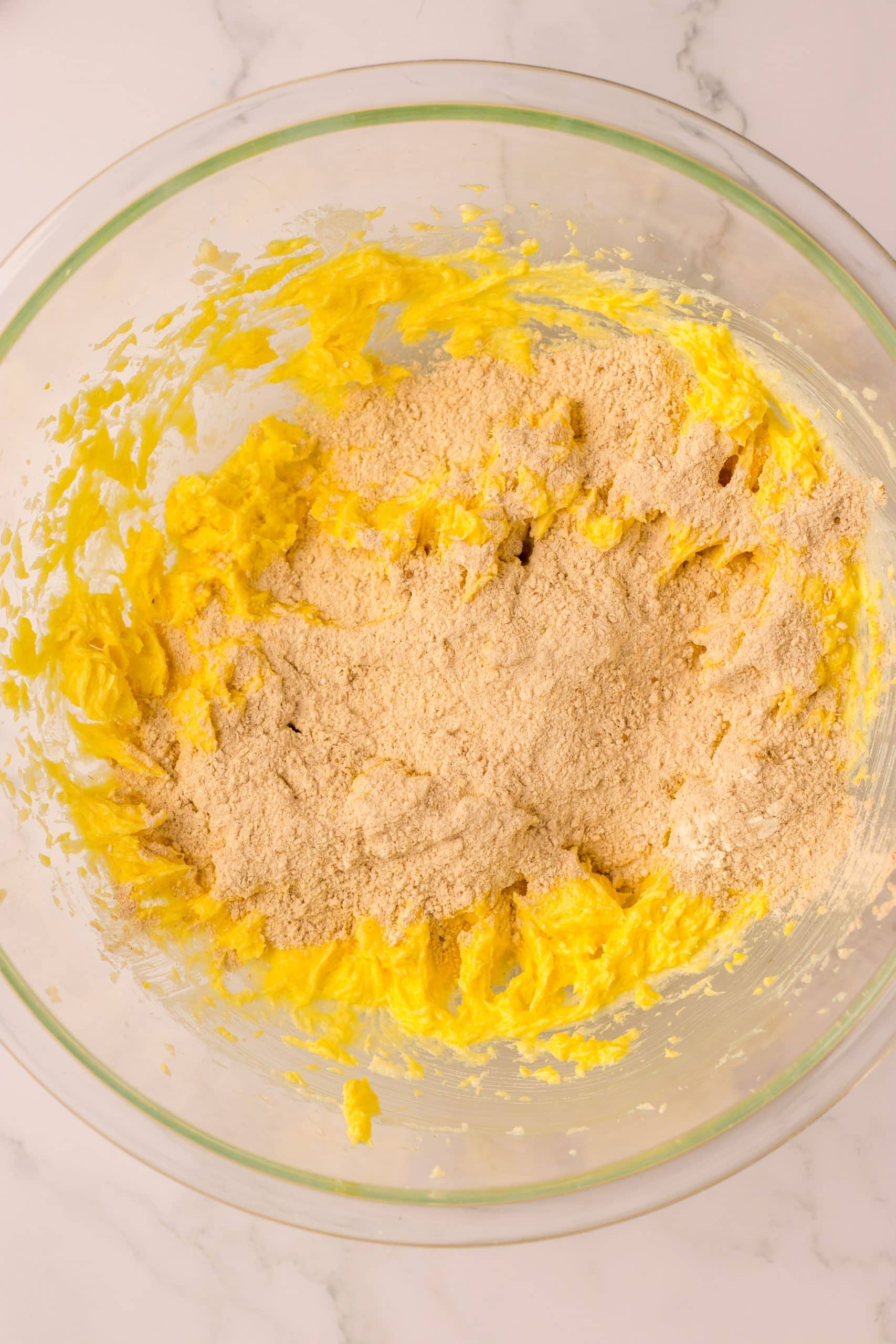oatmeal creme pie batter in a glass mixing bowl