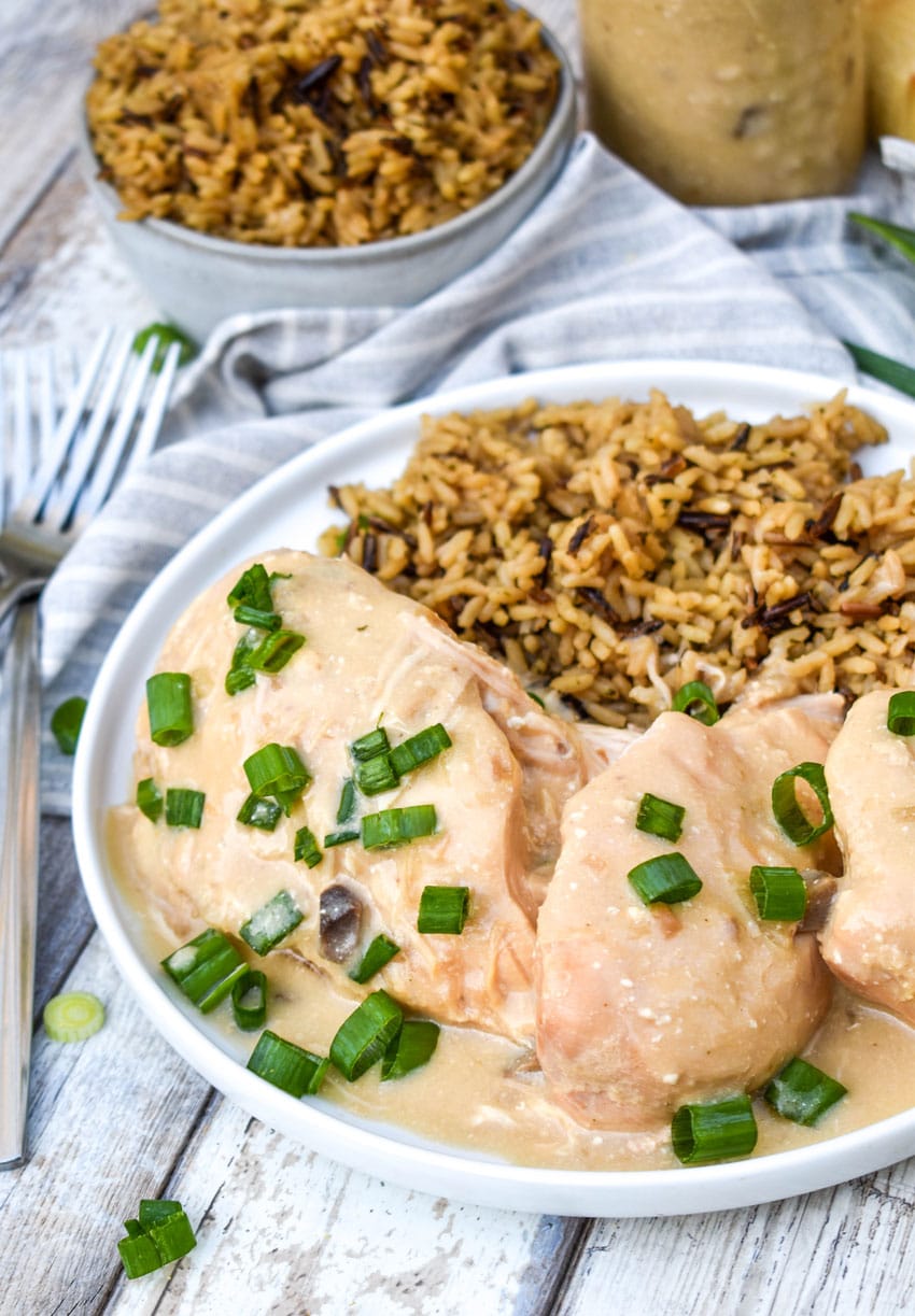 slow cooker chicken in sour cream sauce on a white plate with rice on the side