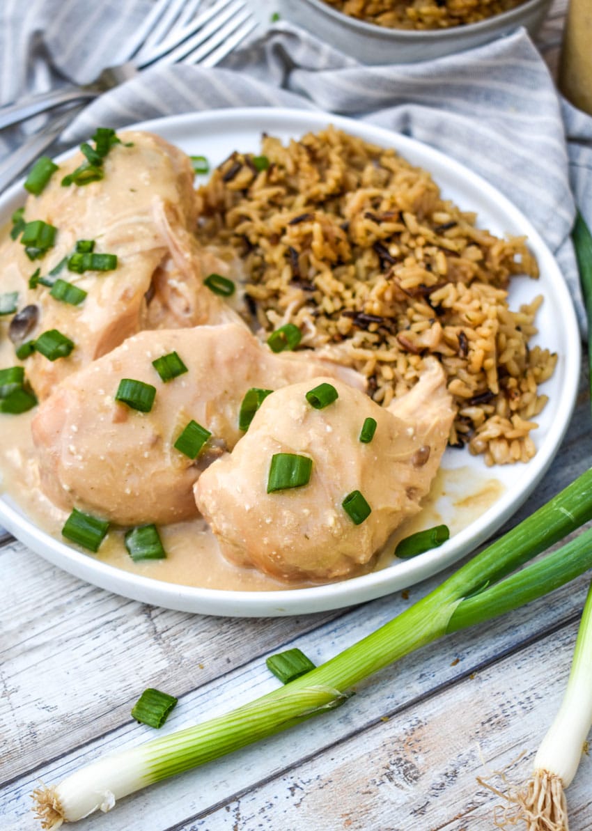 slow cooker chicken in sour cream sauce on a white plate with a side of rice