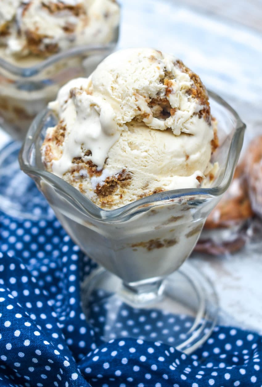 Copycat Little Debbie Oatmeal Cream Pie Ice Cream scoops of copycat little debbie oatmeal creme pie ice cream in a glass dish