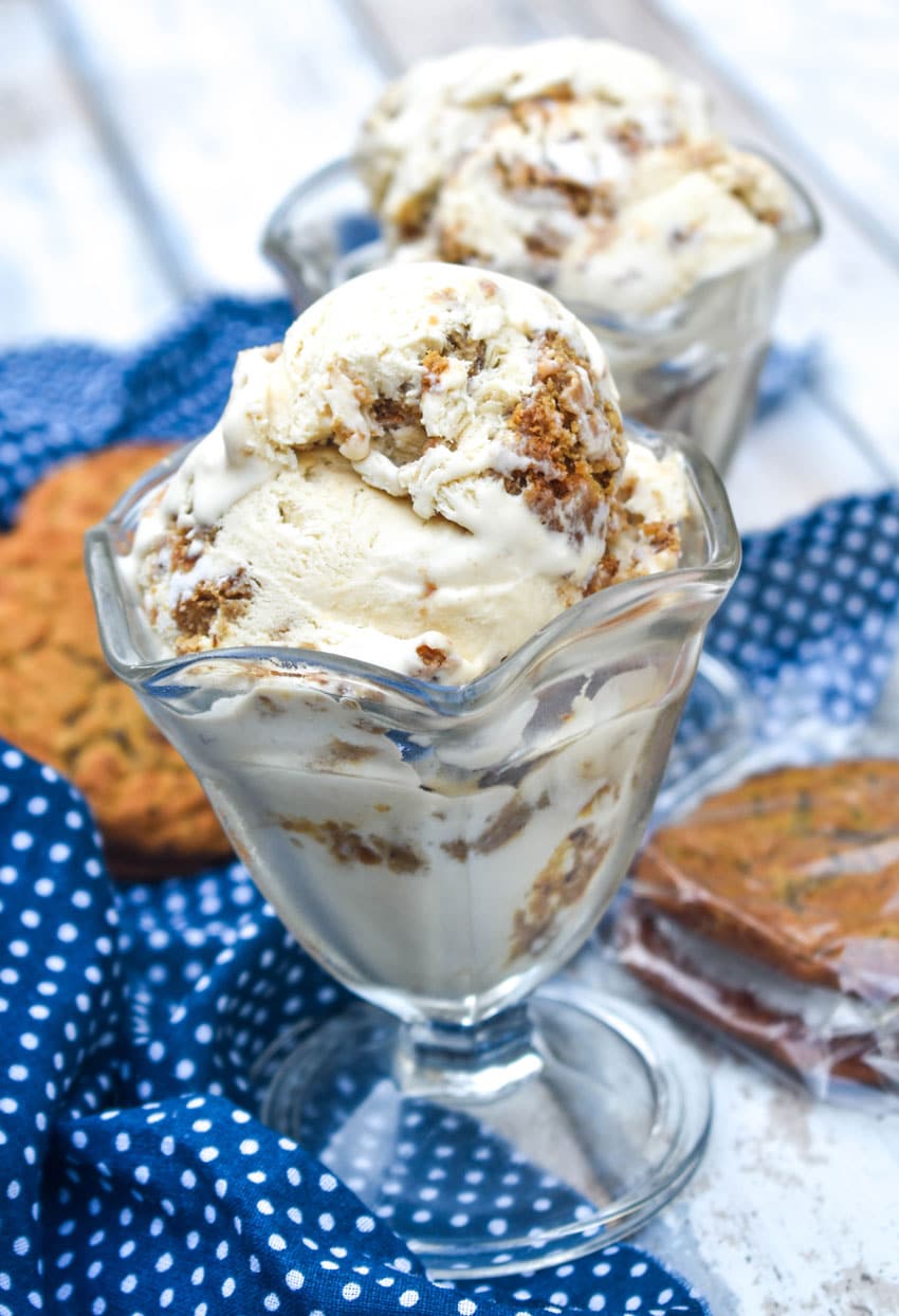 scoops of copycat little debbie oatmeal cream pie ice cream in a glass dish