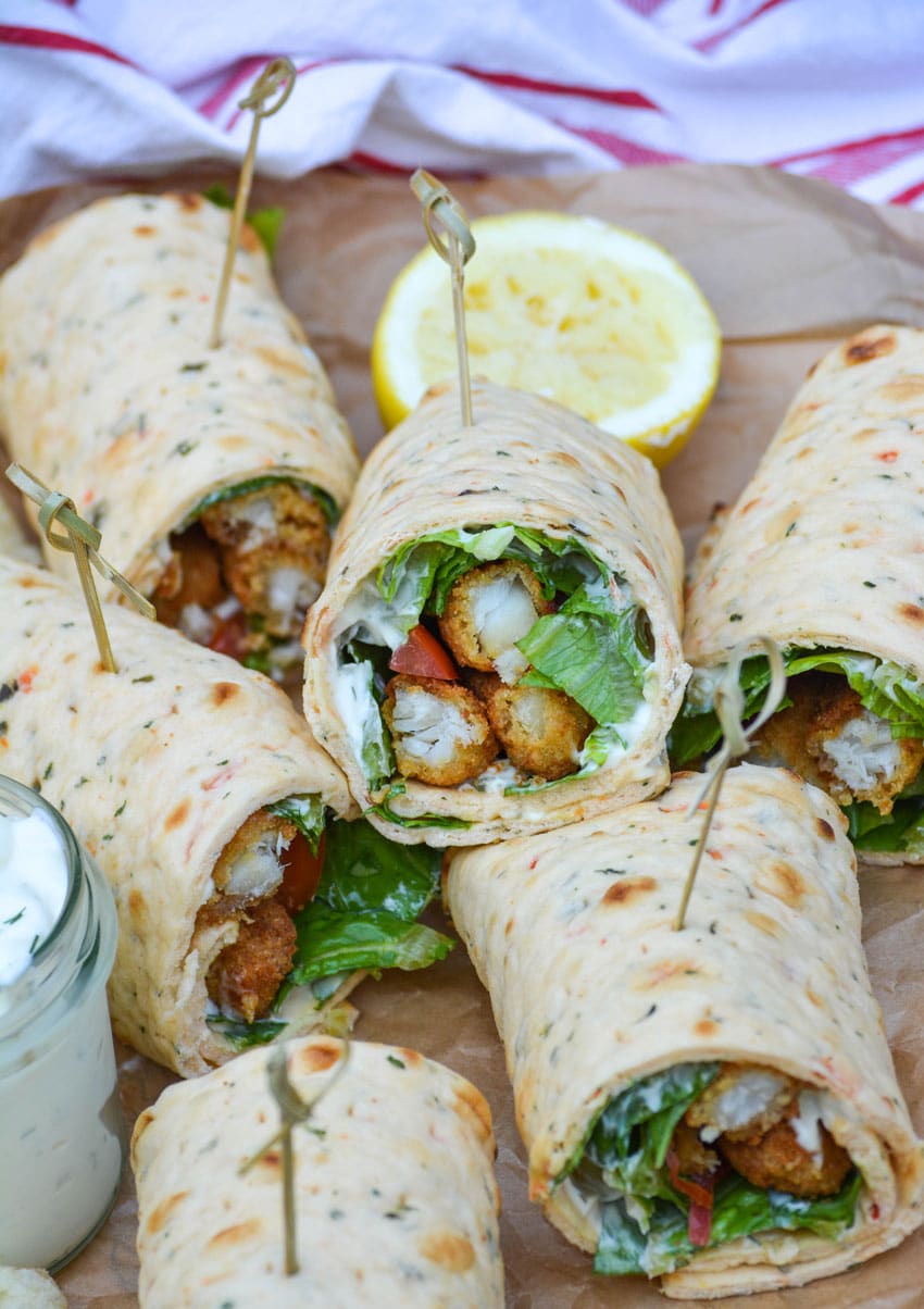 quick and easy fish stick wraps on brown parchment paper