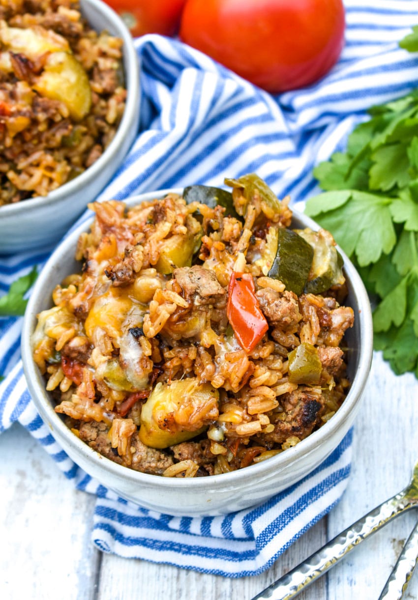 Ground Beef Zucchini & Rice Skillet in a small gray bowl