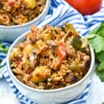 Ground Beef Zucchini & Rice Skillet in a small gray bowl