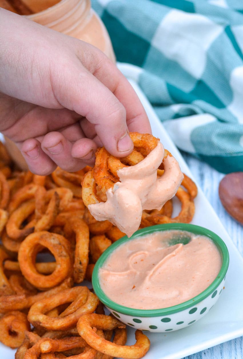 a hand holding up fries dipped in an easy comeback sauce recipe