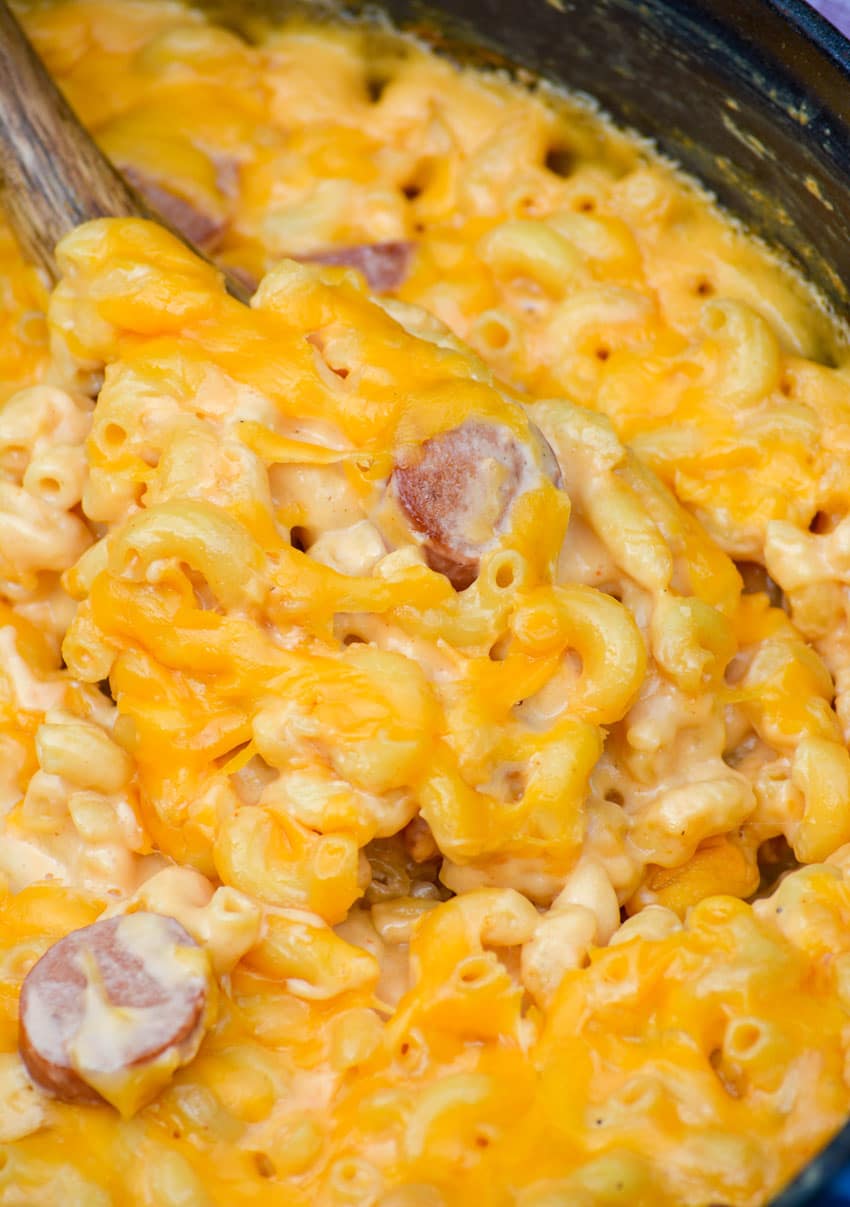 firehouse mac and cheese with hot dogs in a heavy bottomed pot
