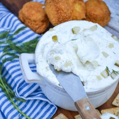 creamy dill pickle dip in a gray dish