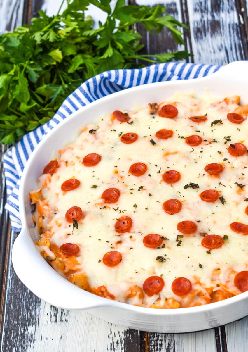 baked pizza mac and cheese (from a box) in a large white serving bowl
