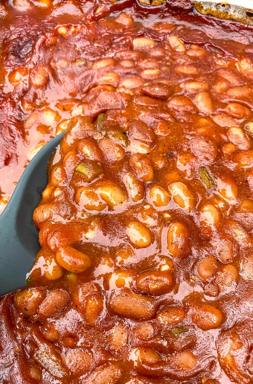 smoked baked beans in a baking dish