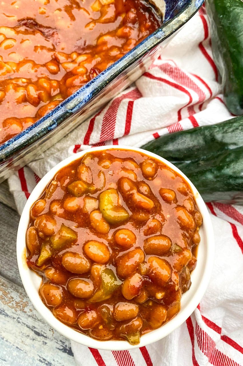 Smoked Baked Beans smoked baked beans in a small white ramekin