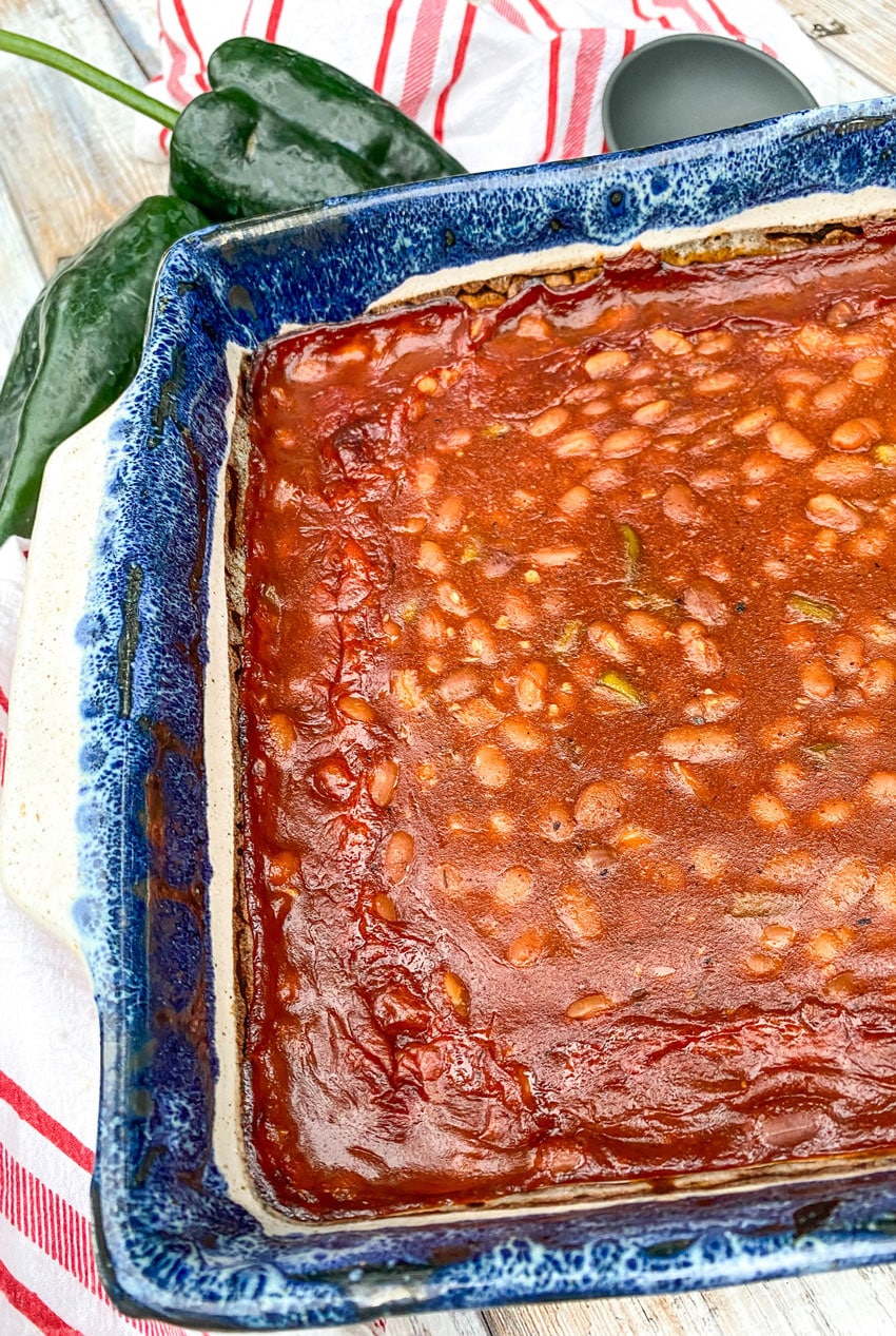 smoked baked beans in a baking dish