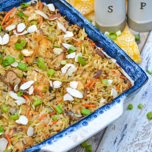 teriyaki tilapia casserole in a stoneware baking dish