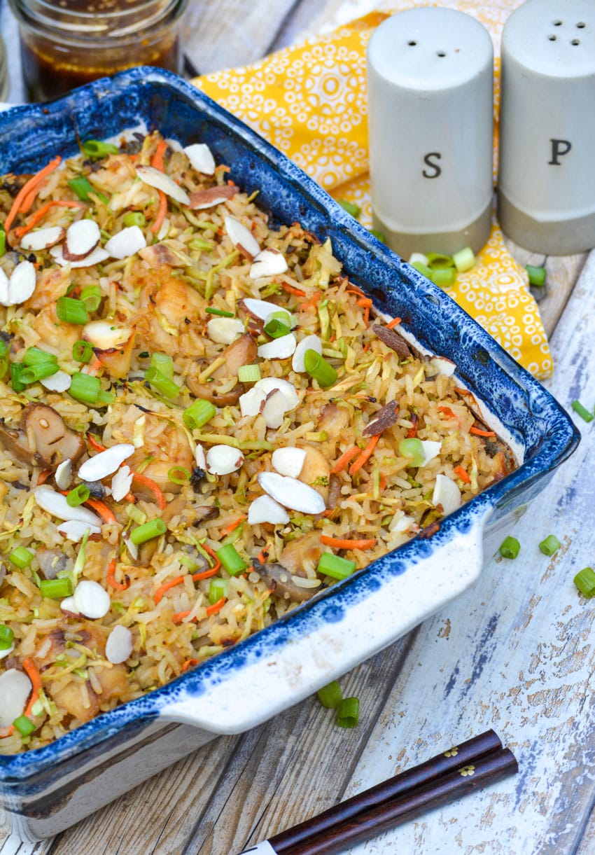 teriyaki tilapia casserole in a stoneware baking dish