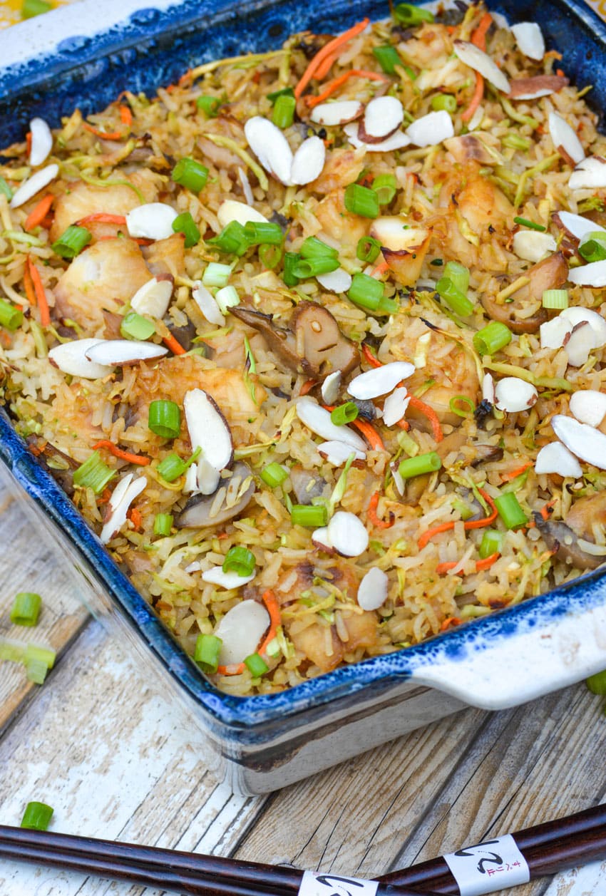 teriyaki tilapia casserole in a stoneware baking dish