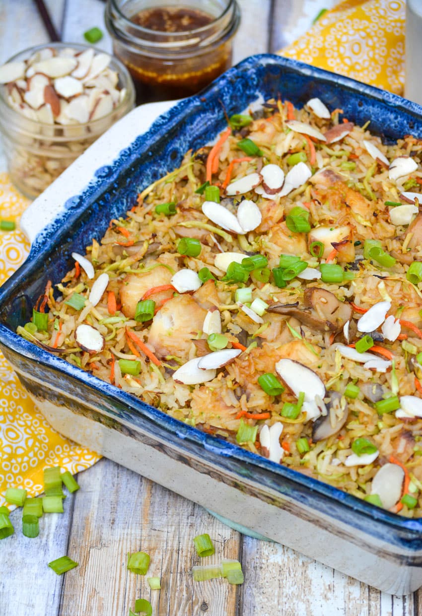 teriyaki tilapia casserole in a stoneware baking dish