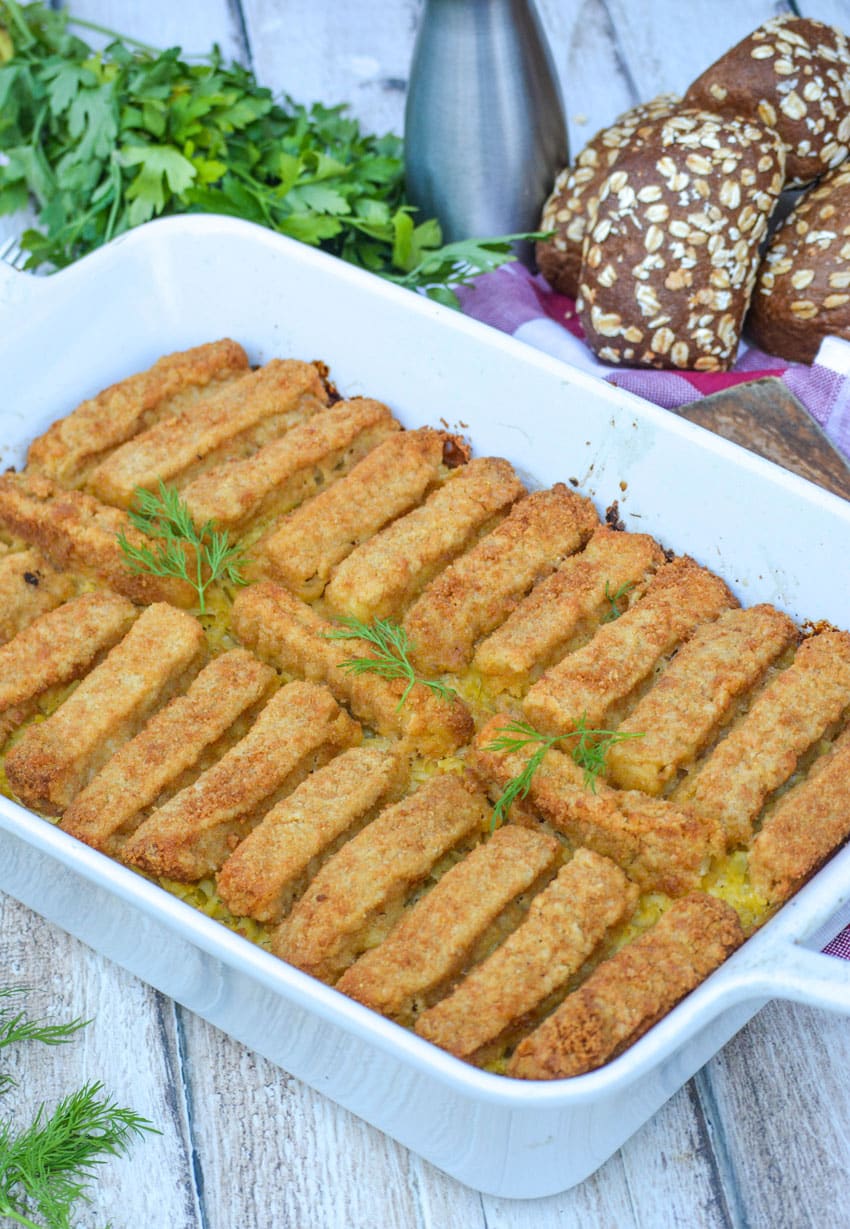 fish stick casserole in a large white baking dish