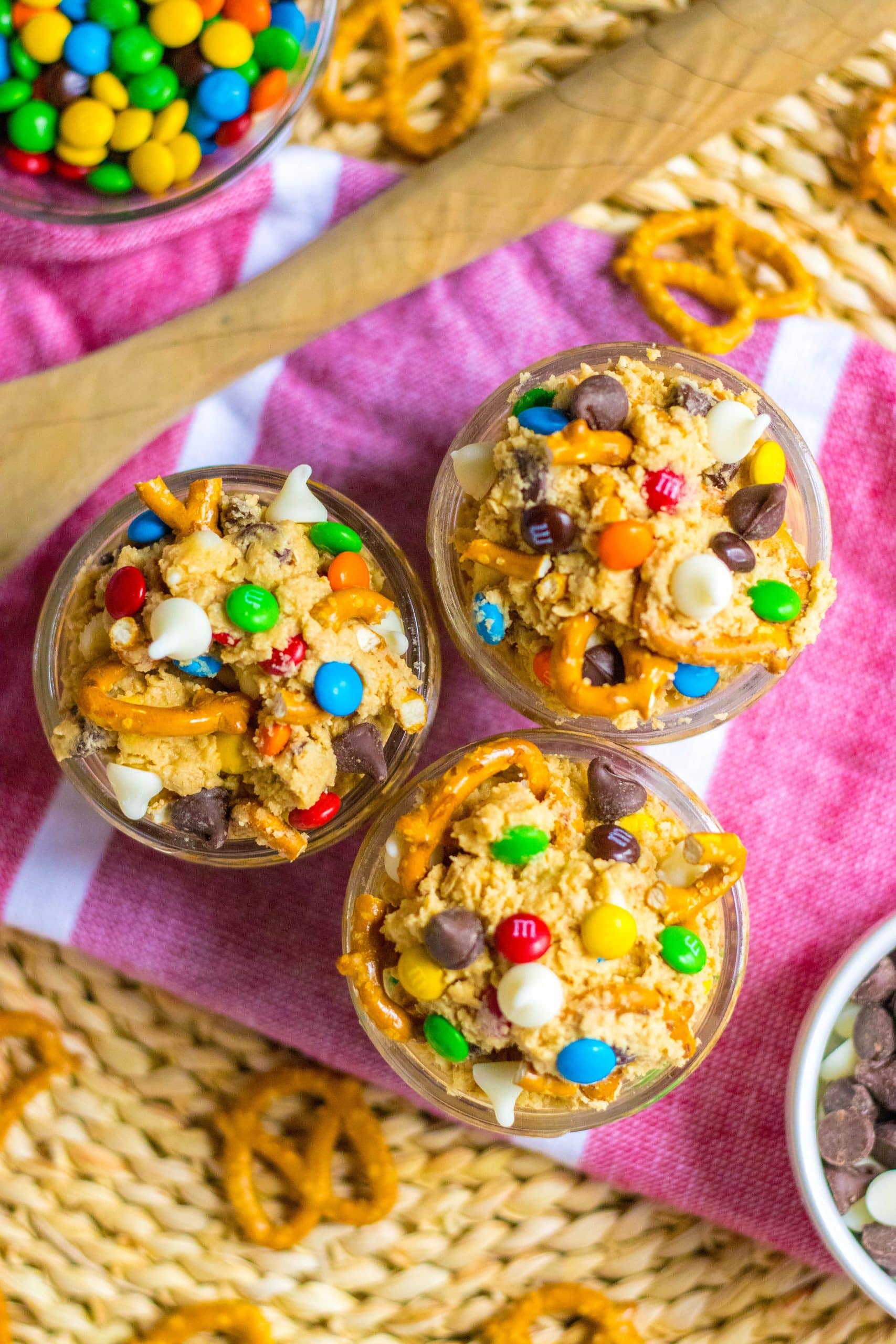 Edible Monster Cookie Dough easy edible monster cookie dough in three small glass jars