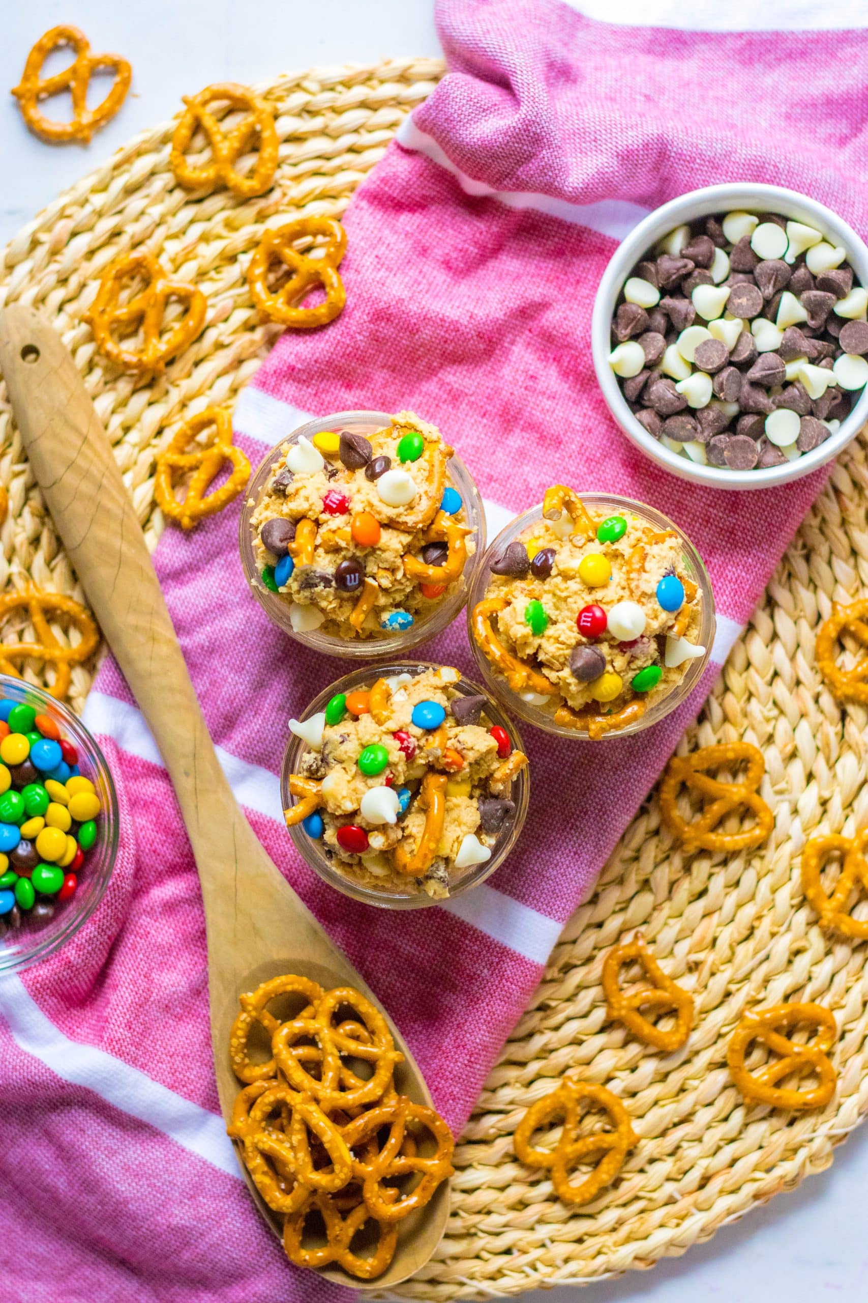 easy edible monster cookie dough in three small glass jars