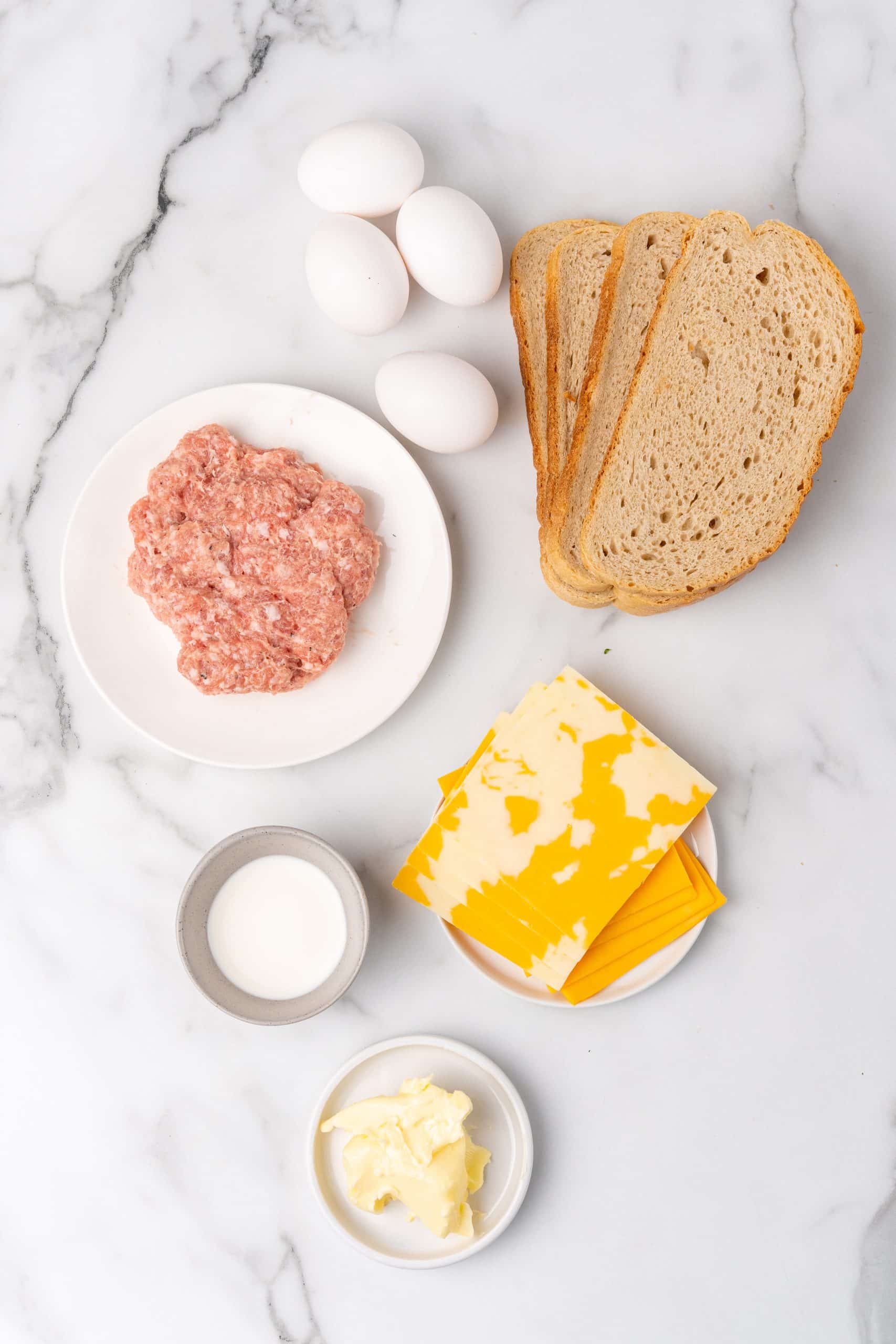 an overhead image showing the measured ingredients needed to make a batch of breakfast grilled cheese