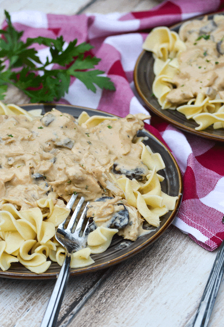 a silver fork resting in a plate of creamy chicken stroganoff and noodles