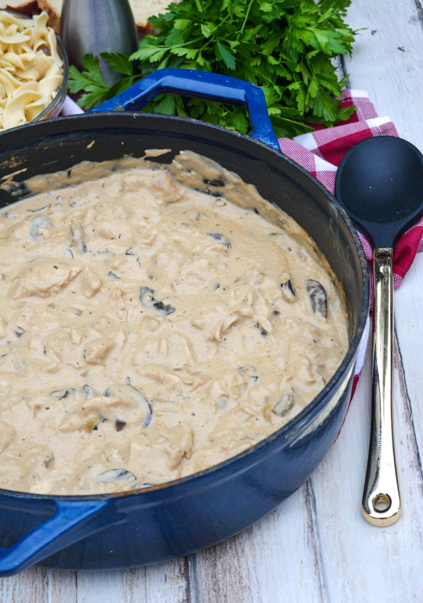 easy chicken stroganoff in a large blue pot