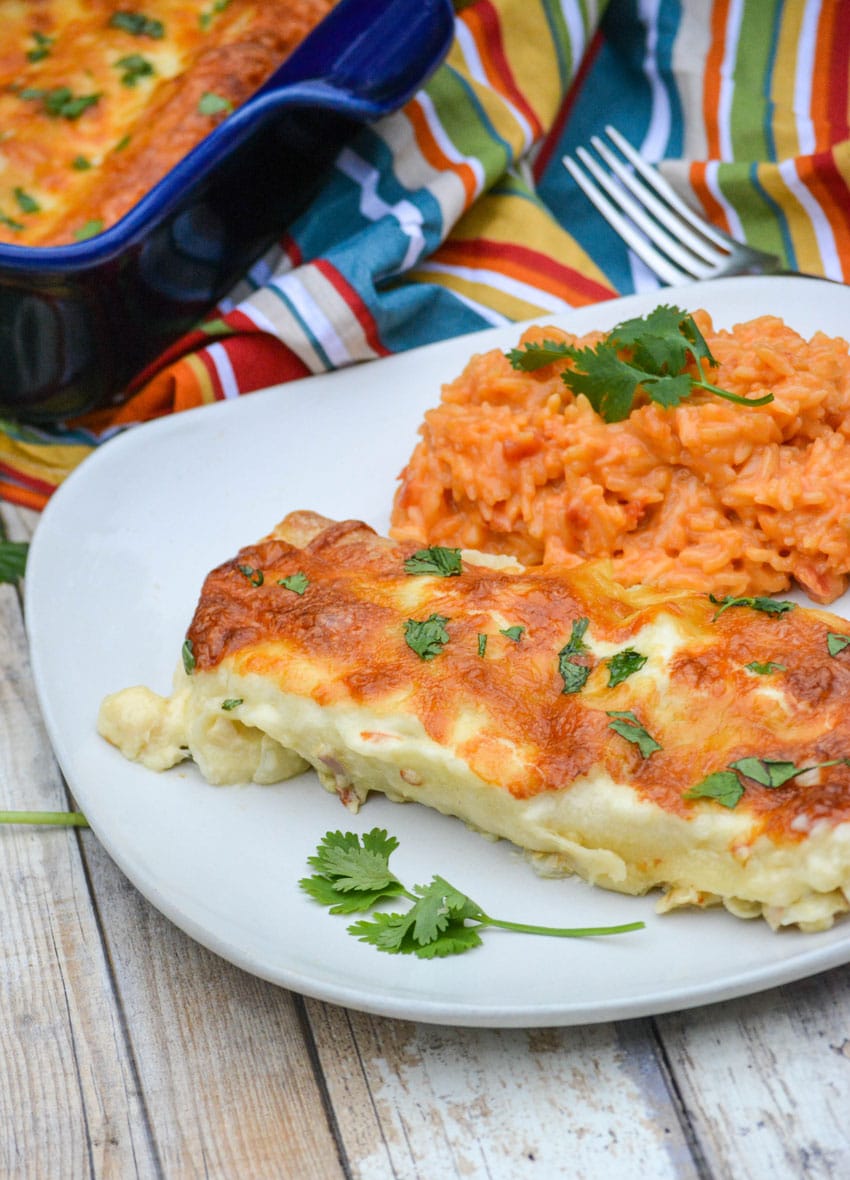 Cream Cheese Chicken Enchiladas creamy white chicken enchiladas on a white plate
