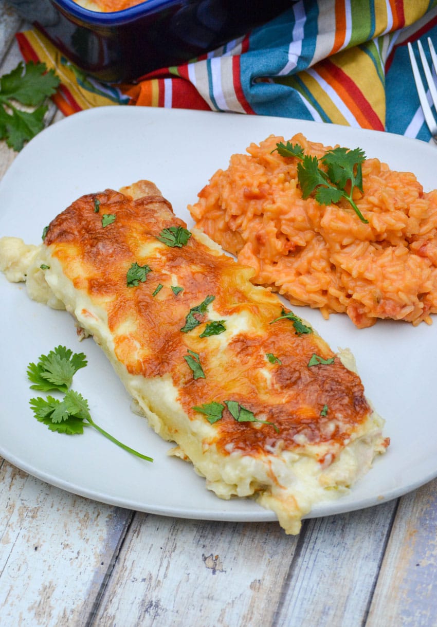 creamy white chicken enchiladas on a white plate