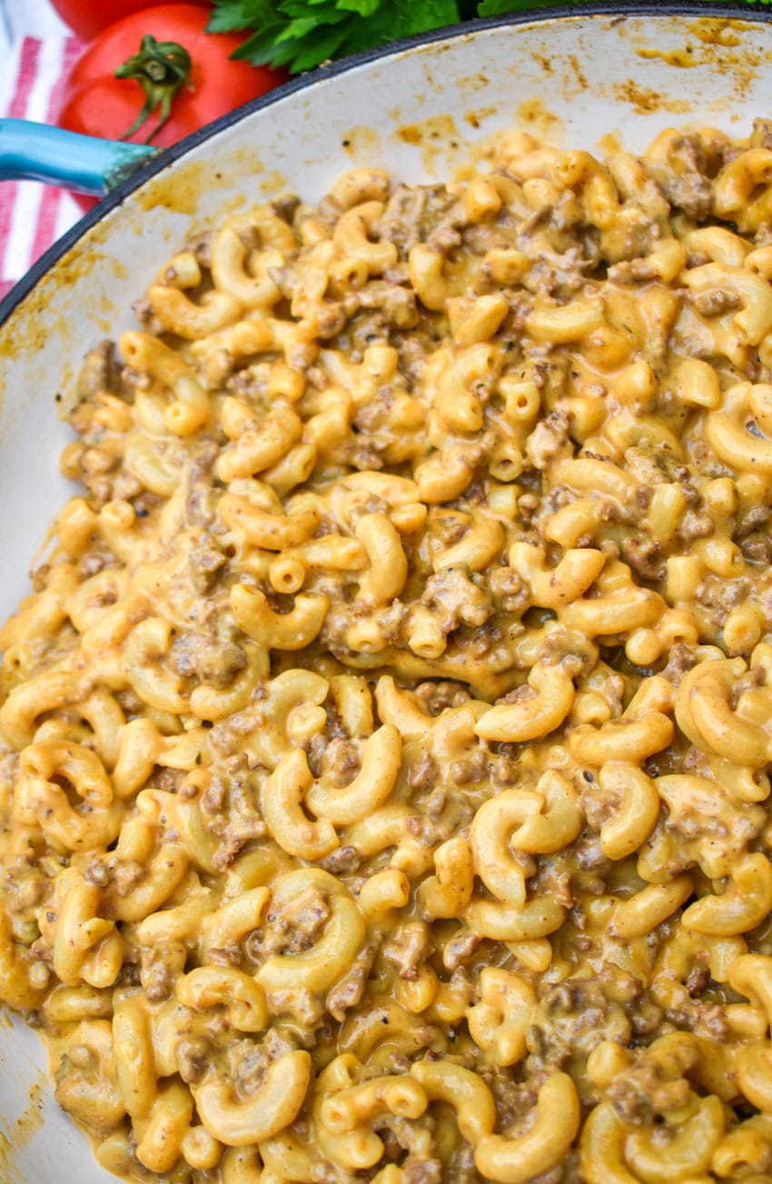 homemade hamburger helper in a cast iron skillet