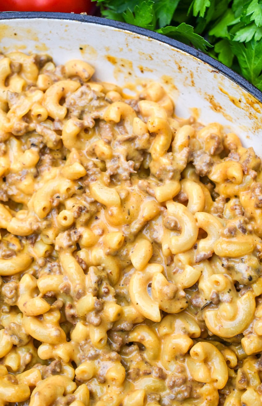 homemade hamburger helper in a cast iron skillet