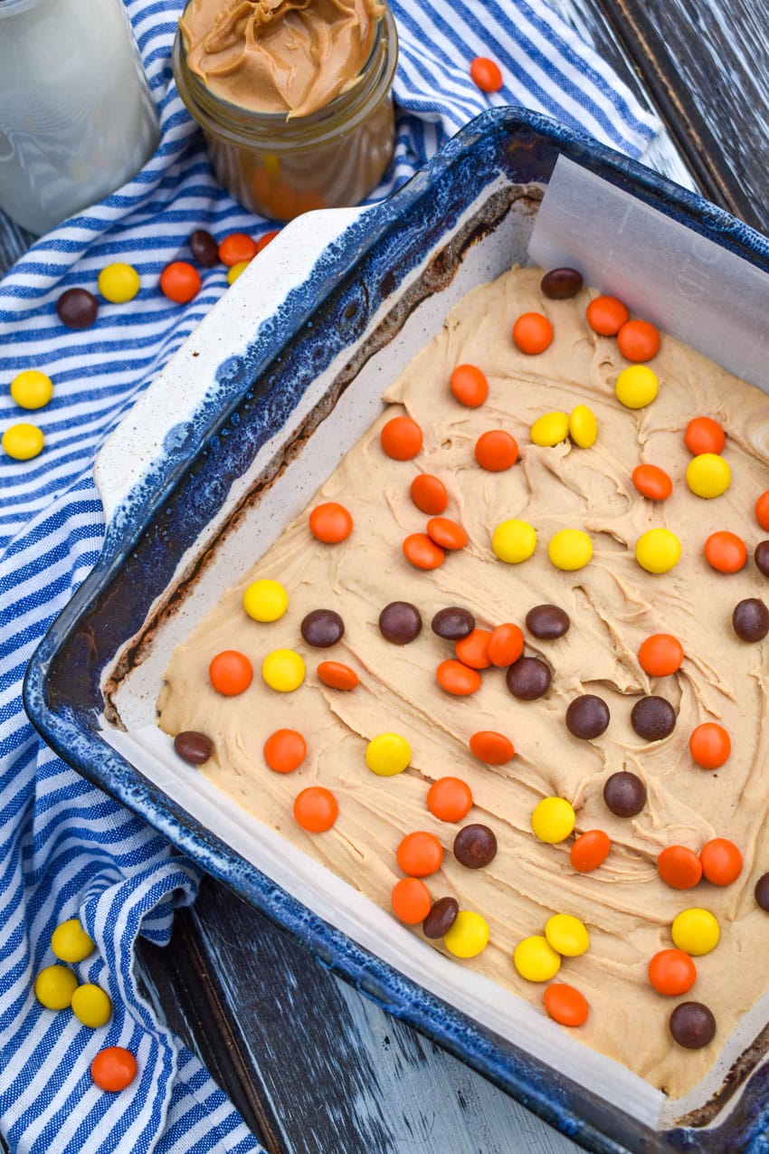 easy peanut butter fudge in a blue square baking dish