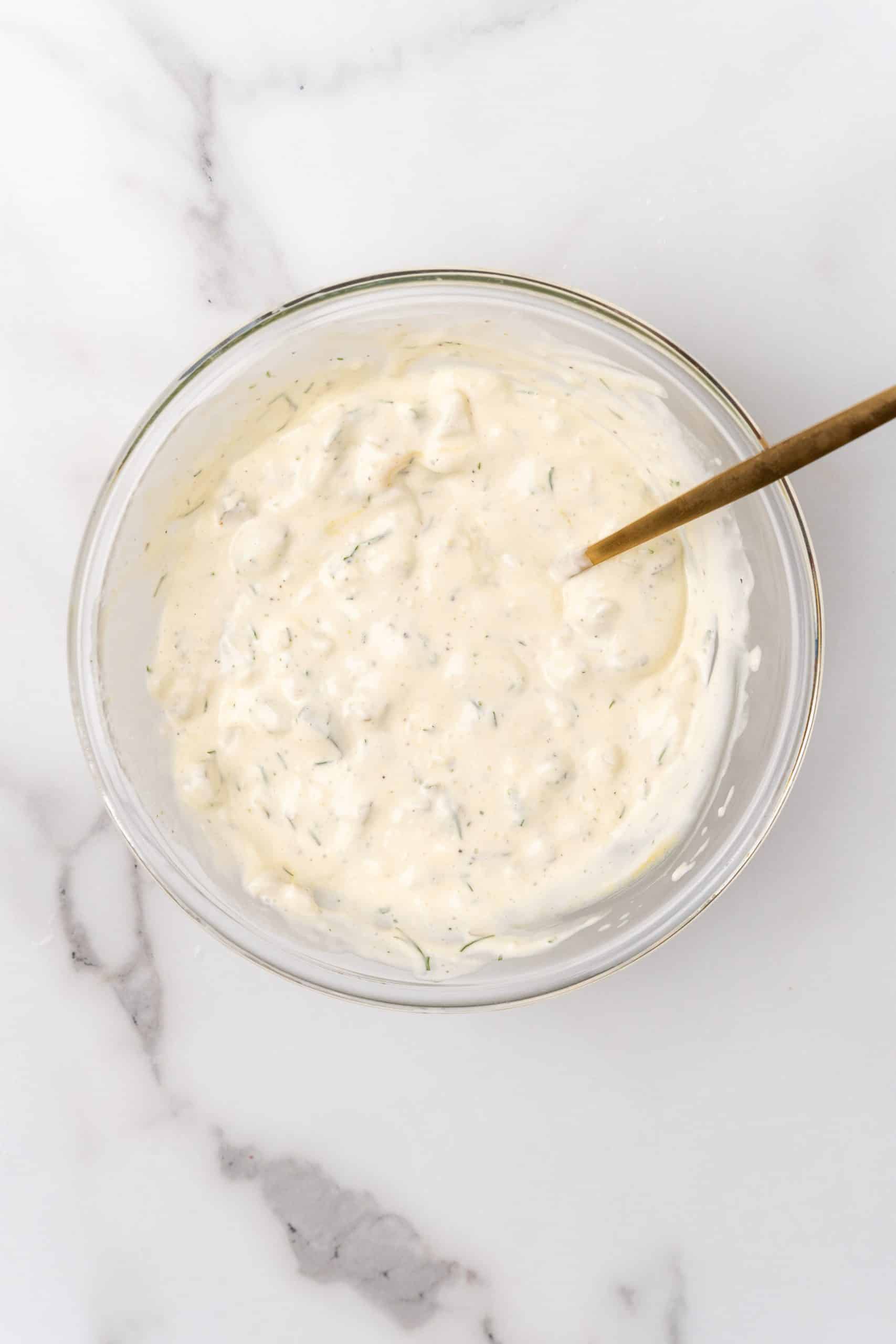 easy homemade tartar sauce in a glass mixing bowl