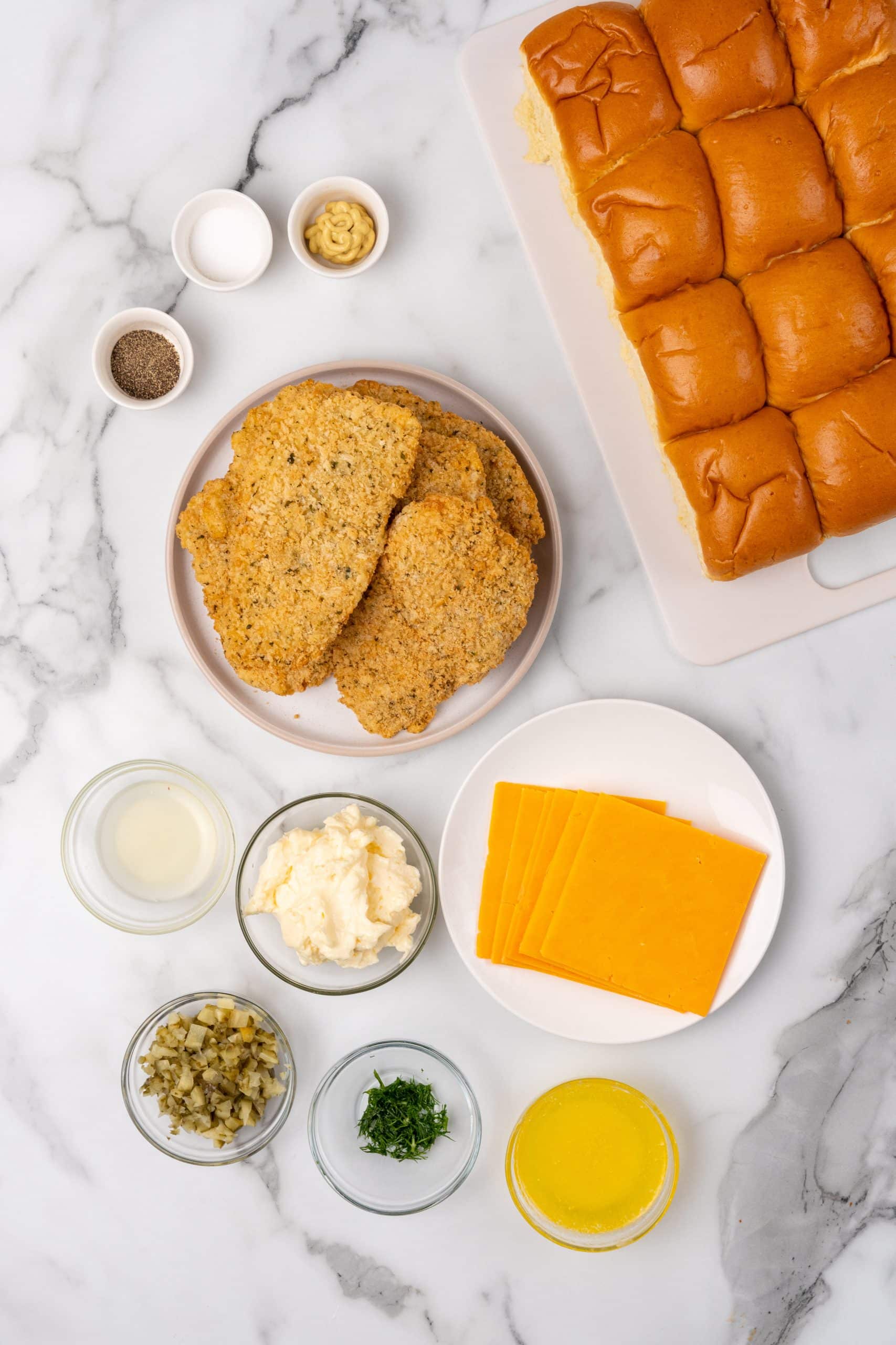 an overhead image showing the measured ingredients needed to make filet-o-fish sliders
