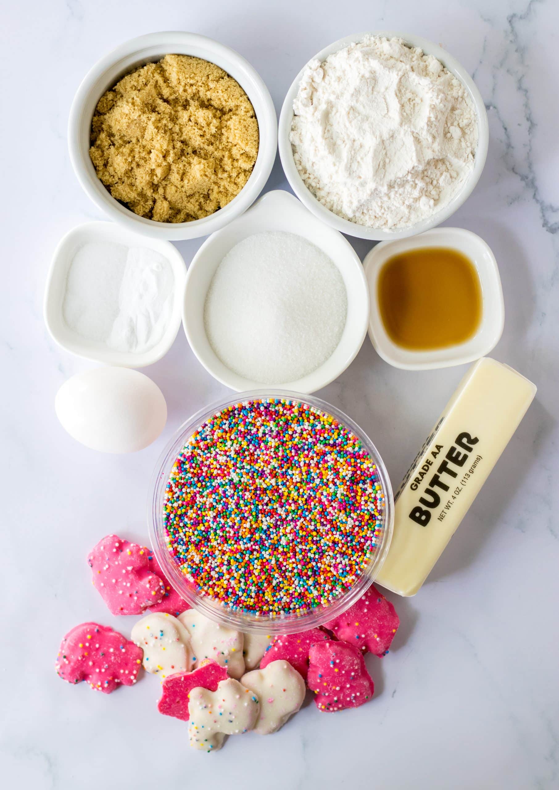 an overhead image showing the measured ingredients needed to make a batch of circus animal cookies