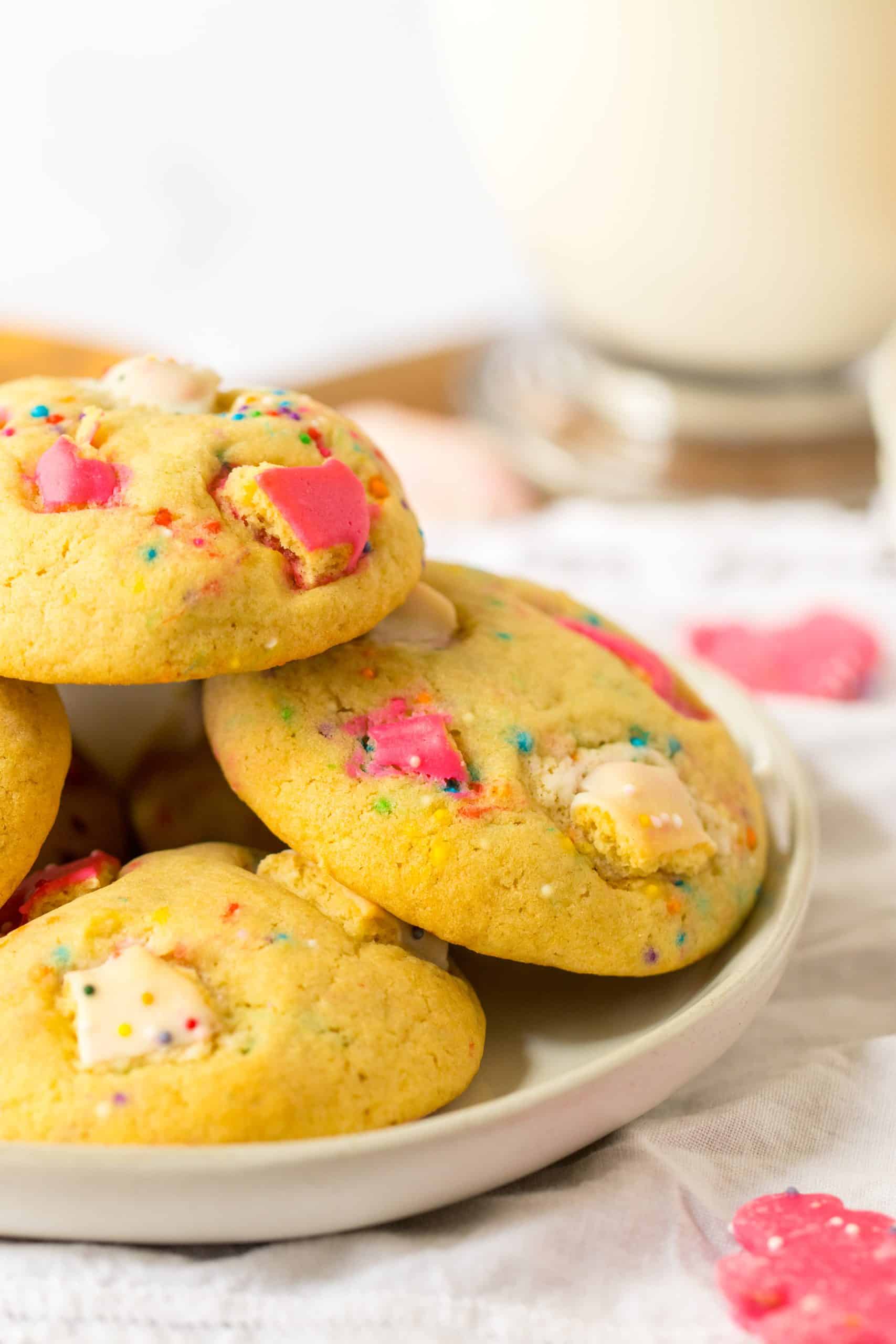 circus animal cookies piled on a white plate