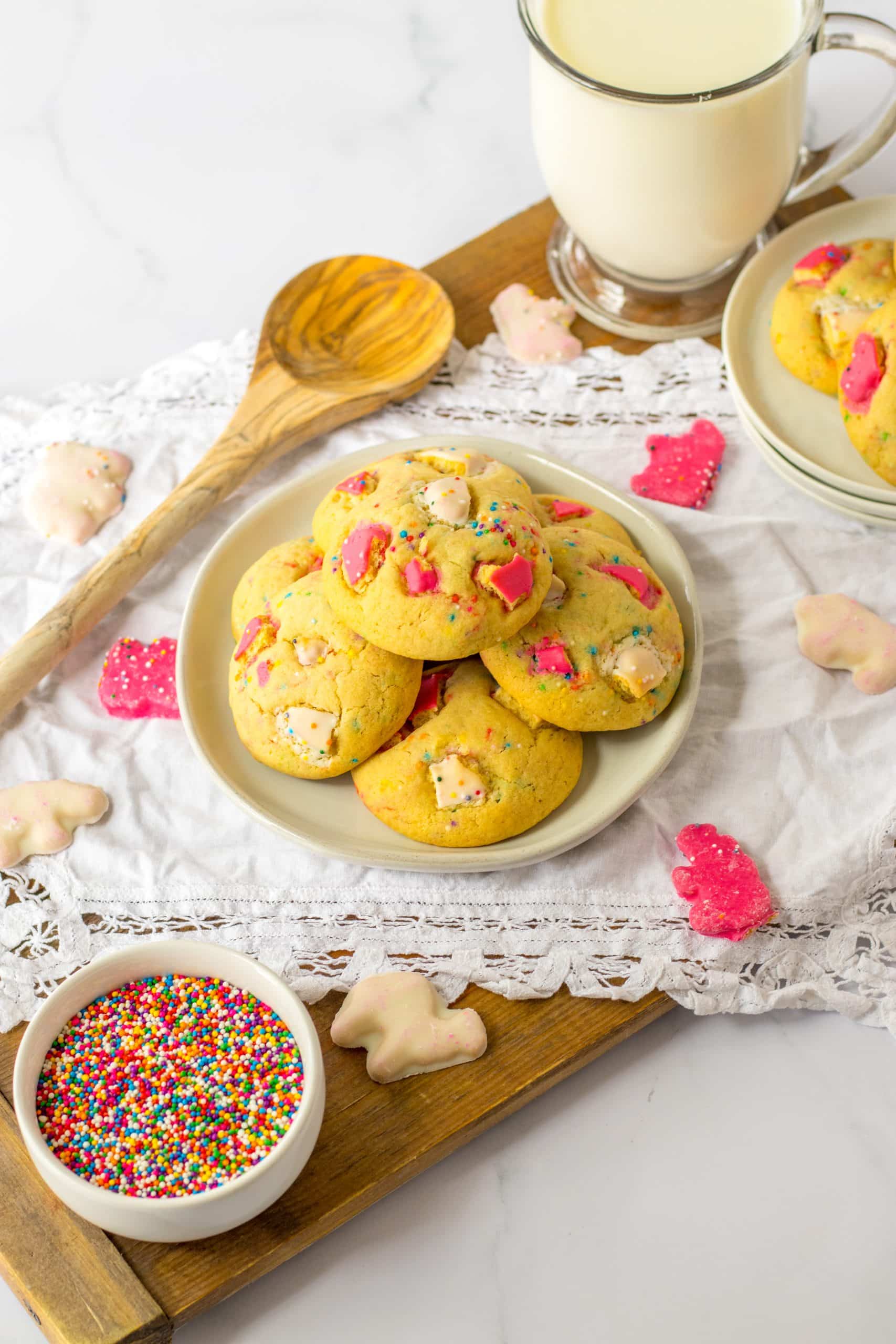 circus animal cookies piled on a white plate